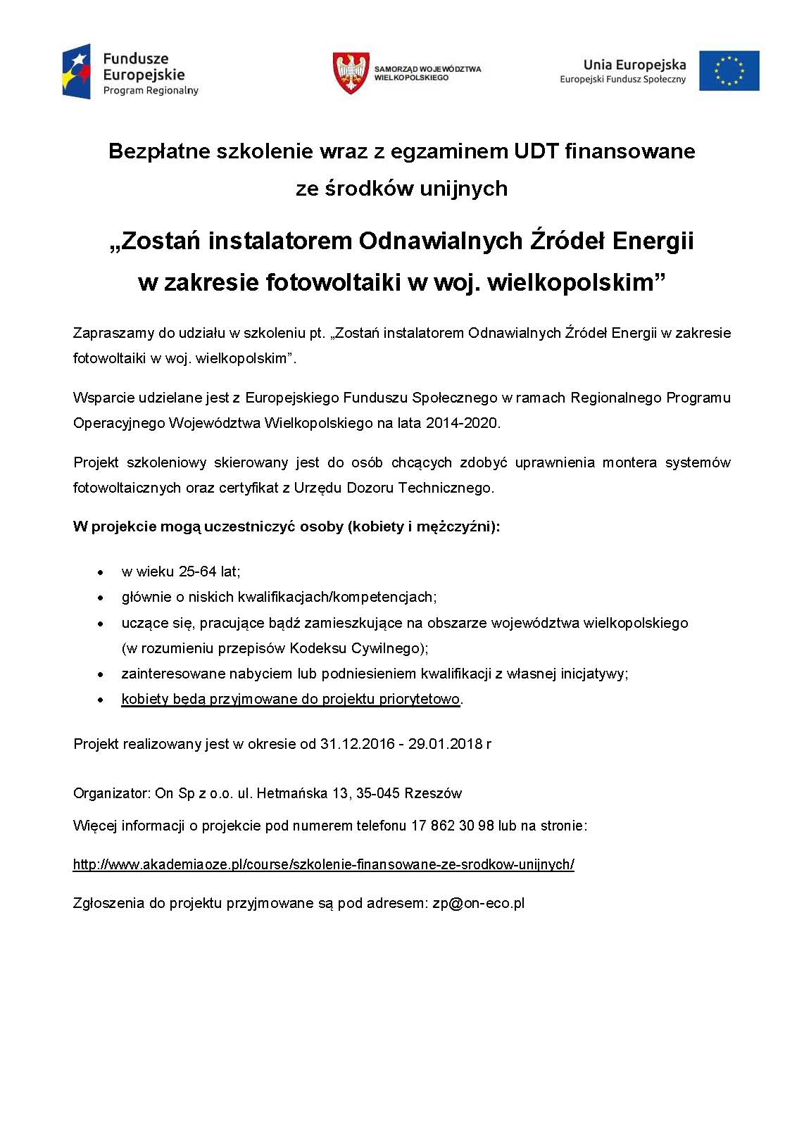 Zostań instalatorem Odnawialnych Źródeł Energii w zakresie fotowoltaiki w woj. wielkopolskim