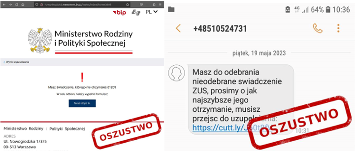 Grafika pokazująca fałszywe wiadomości sms z Ministerstwo Rodziny i Polityki Społecznej