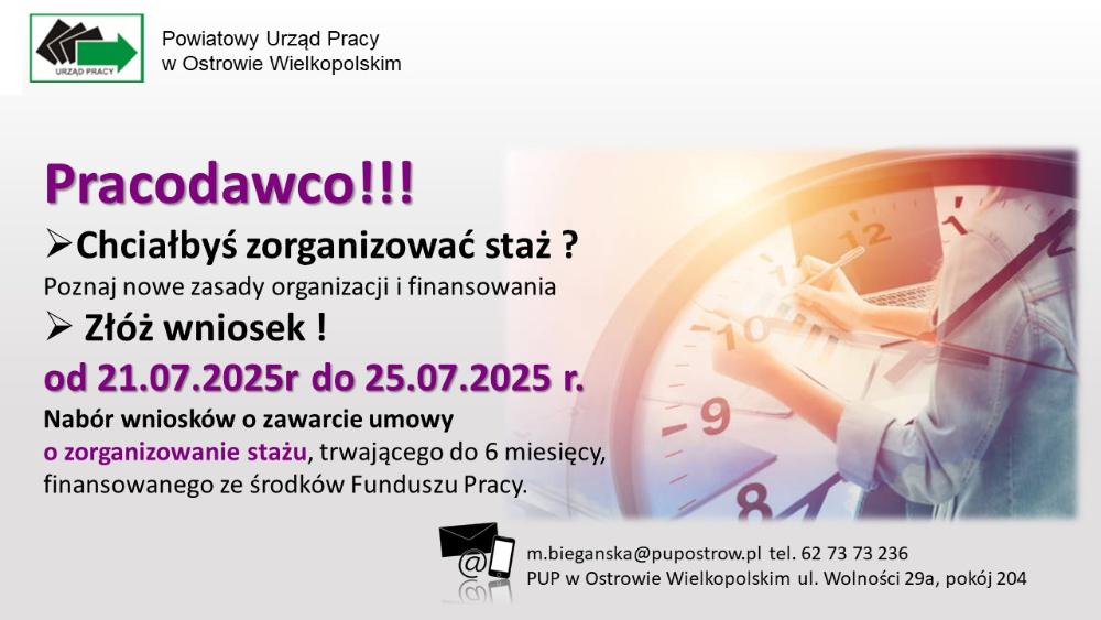 Nabór wniosków o zorganizowanie stażu od 21.07.25 do 25.07.25